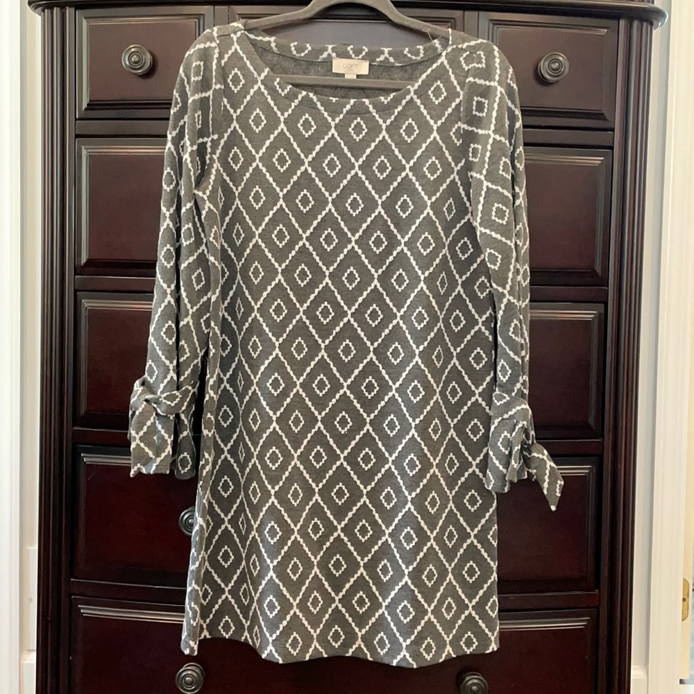 Loft Patterned Sweater Dress with Tie Detail on the Sleeves, Size Medium